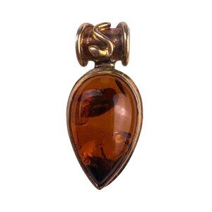 Baltic Amber Pendant In Sterling Silver 925 Teardrop Design Brown With Markings